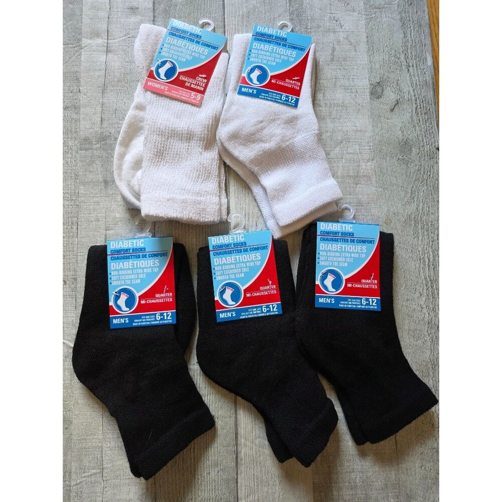 Diabetic Comfort Socks Mens 6-12 &Womens 5-9 Crew & Quarter Soft Cushioned Sole